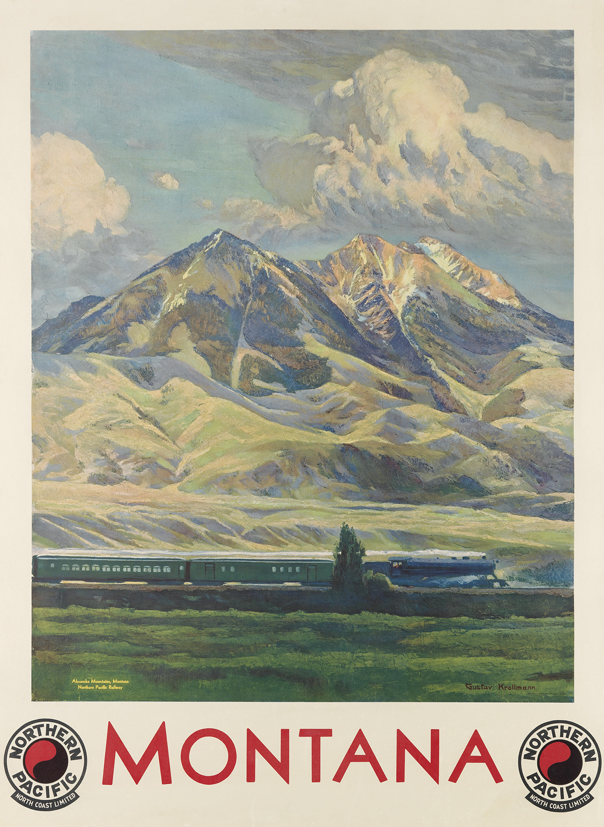 GUSTAV W. KROLLMAN (1888-1962). MONTANA / NORTHERN PACIFIC. Circa 1930. 40x29 inches, 101x74 cm. Brown & Bigelow, St. Paul.